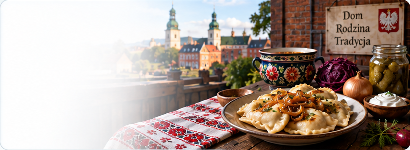Illustration of pierogi with onions, sour cream and a Polish family table